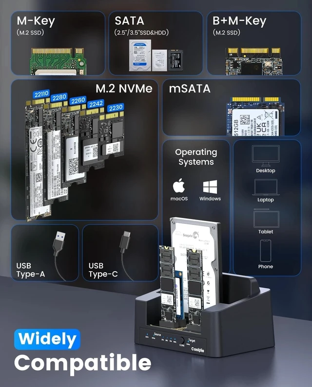 Alt view image 3 of 7 - 5 in 1 Duplicator M.2 NVMe & SATA SSD Hard Drive Docking Station Offline Cloning
