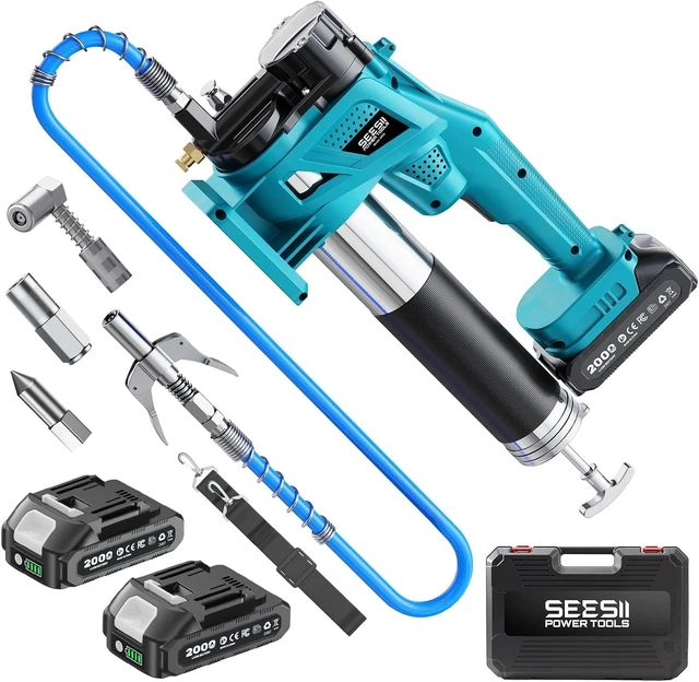 Alt view image 3 of 7 - Seesii Professional Electric Grease Gun 10000 PSI 39.4" Hose 2XBattery & Charger