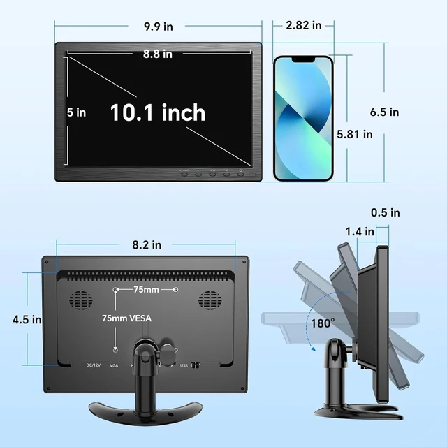 Alt view image 5 of 7 - 10.1 Inch Small Computer Monitor HDMI/VGA/AV/BNC 500:1 for PC/Gaming/CCTV