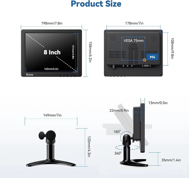 Alt view image 7 of 7 - 8 Inch Second Monitor 1024x768 HDMI Monitor HDMI/VGA/AV/BNC CCTV Screen