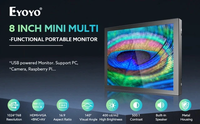 Alt view image 4 of 7 - 8" Portable HDMI/VGA/AV Monitor - 1024x768 for Car Rear View PC, DVR, CCTV