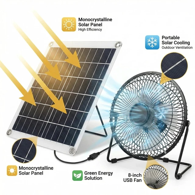 Alt view image 2 of 7 - 8" Solar Fan with 22W Solar Panel for Camping Pet Dog Chicken House Ventilator