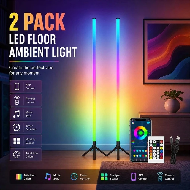 Main image of 2Pack RGB LED Corner Floor Lamp Light Stand Gaming Room Decor APP+Remote Control