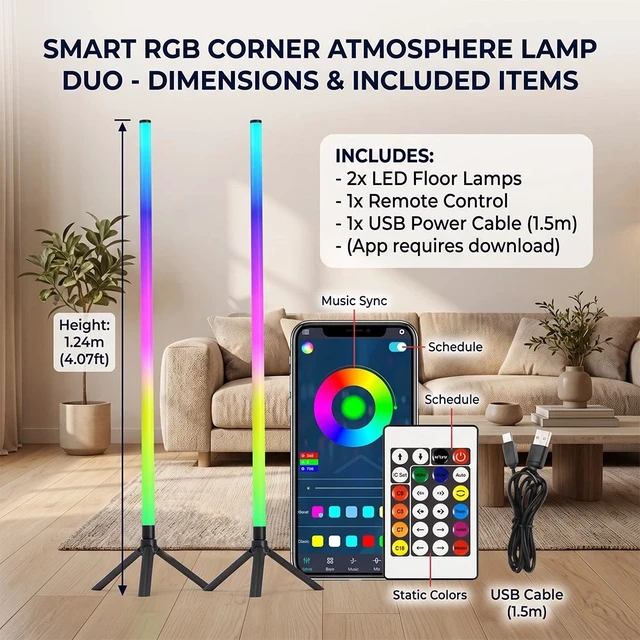 Alt view image 6 of 7 - 2Pack RGB LED Corner Floor Lamp Light Stand Gaming Room Decor APP+Remote Control