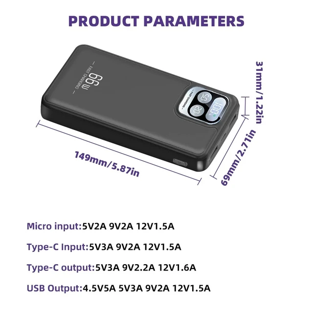 Alt view image 2 of 7 - 66W Portable Power Bank 40000mAh Fast Charging Battery with 4 Built in Cables