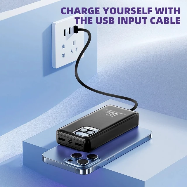 Alt view image 3 of 7 - 66W Portable Power Bank 40000mAh Fast Charging Battery with 4 Built in Cables