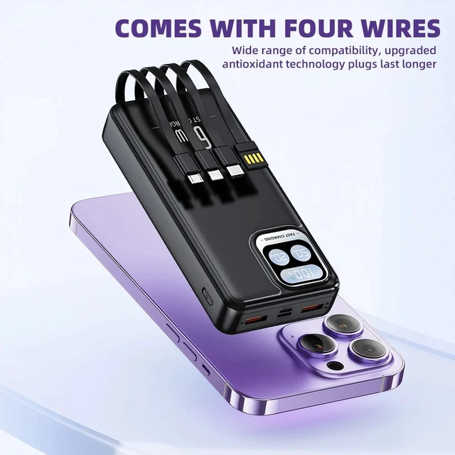 Alt view image 4 of 7 - 66W Portable Power Bank 40000mAh Fast Charging Battery with 4 Built in Cables