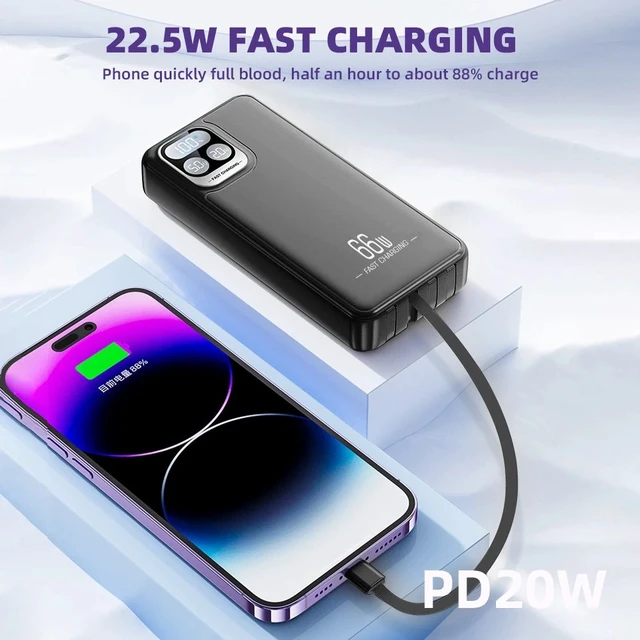 Alt view image 7 of 7 - 66W Portable Power Bank 40000mAh Fast Charging Battery with 4 Built in Cables
