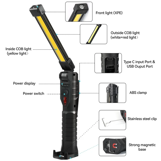 Alt view image 2 of 7 - LED COB Work Light Mechanic Flashlight Lamp Magnetic Base Bright Rechargeable