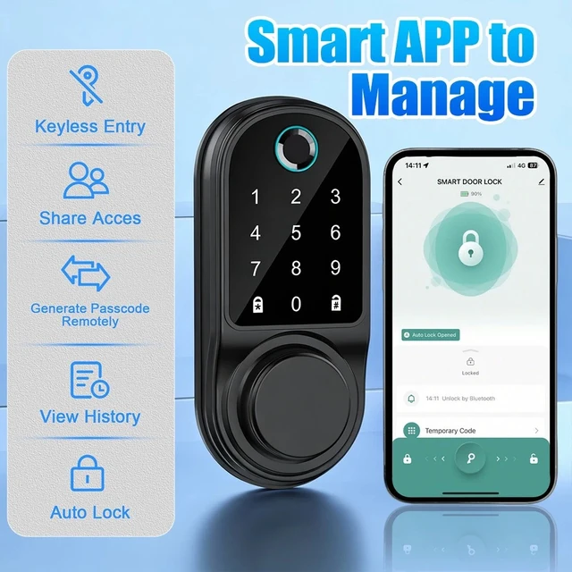 Alt view image 4 of 7 - 5-in-1 Fingerprint Door Lock Biometric Smart Lock Bluetooth Key&IC Card Deadbolt