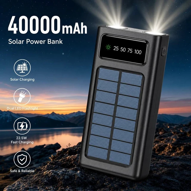 Main image of 40000mAh Solar Power Bank Portable Charger LED Flashlight W/ 4 Cables Universal