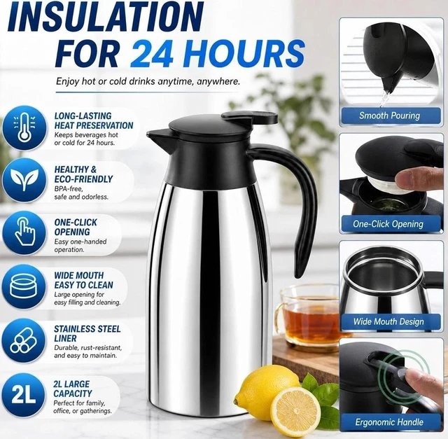 Main image of 2L Thermal Coffee Carafe for Keeping Hot Stainless Steel Carafe Thermos Flask