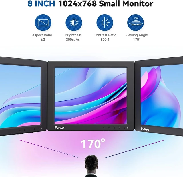 Alt view image 4 of 7 - Eyoyo 8" Monitor VGA 1024x768 HDMI AV BNC w/ Speakers for PC CCTV RasPi Camera