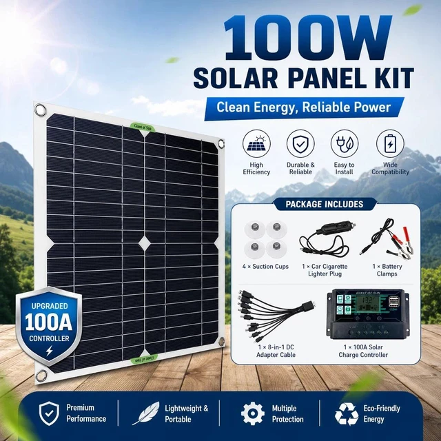 Main image of 100W Solar Panel 12 Volt With 100A Controller For Caravan Car Van Boat Kits