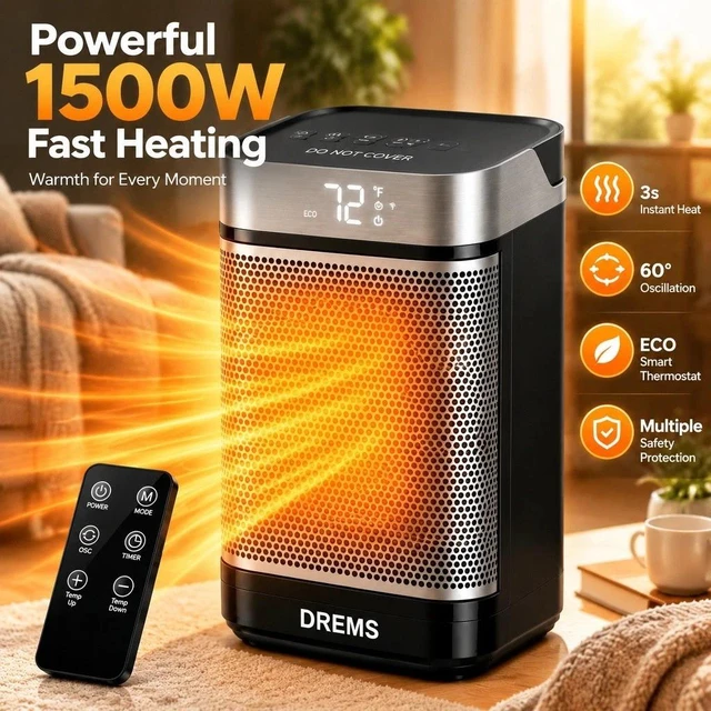Main image of 1500W Electric Space Heater PTC Ceramic Tower Heater 12Hour Timer Fast Heating