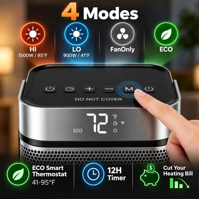 Alt view image 4 of 7 - 1500W Electric Space Heater PTC Ceramic Tower Heater 12Hour Timer Fast Heating