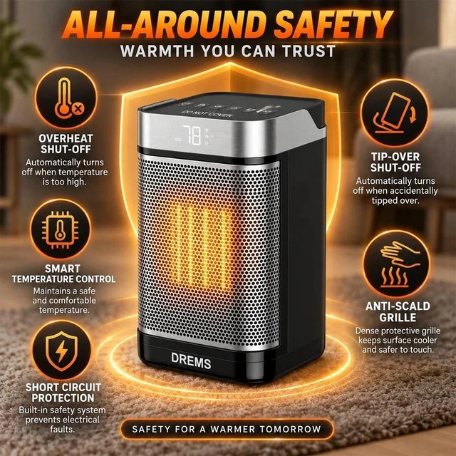 Alt view image 3 of 7 - 1500W Electric Space Heater PTC Ceramic Tower Heater 12Hour Timer Fast Heating