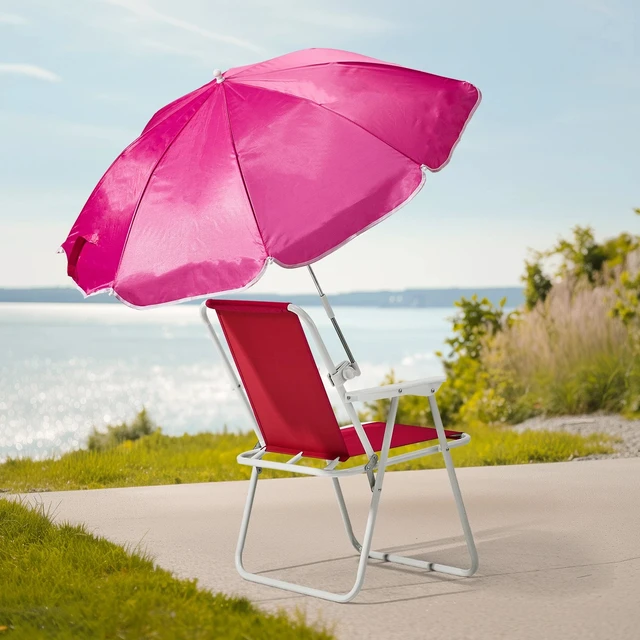 Alt view image 2 of 7 - Portable Folding Pink 1 Piece Outdoor Beach Chair with UV Umbrella 265 LBS