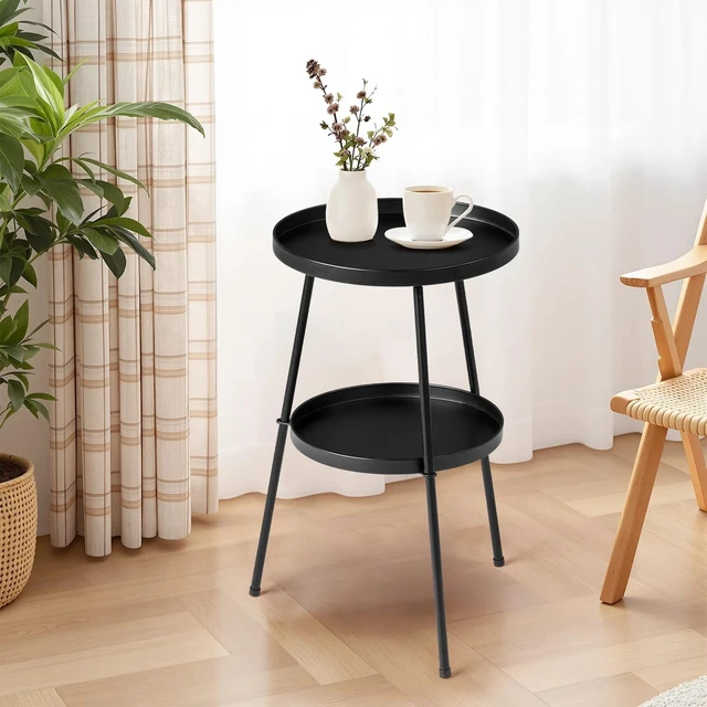 Main image of 13in Portable In/Outdoor Patio Small Side Metal Round 2-Layer Coffee Table Black