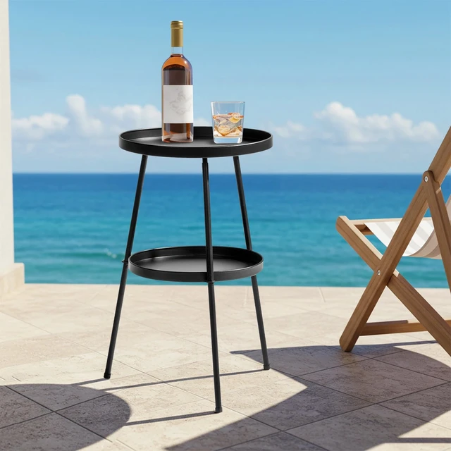 Alt view image 2 of 7 - 13in Portable In/Outdoor Patio Small Side Metal Round 2-Layer Coffee Table Black