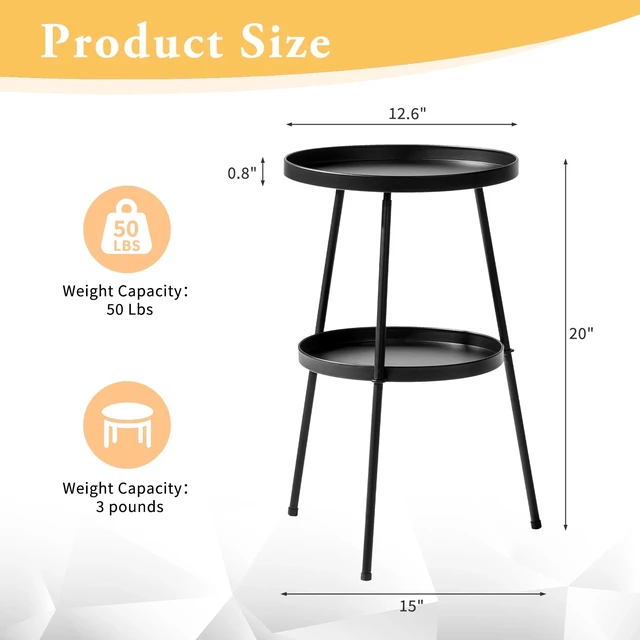 Alt view image 4 of 7 - 13in Portable In/Outdoor Patio Small Side Metal Round 2-Layer Coffee Table Black