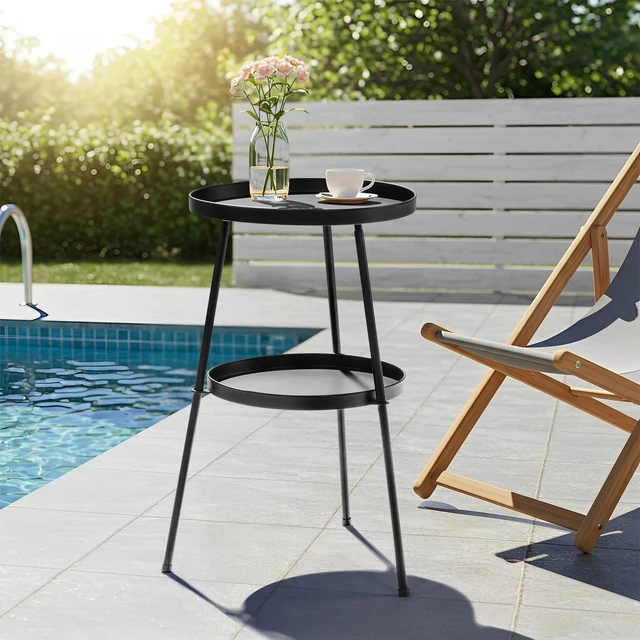 Alt view image 6 of 7 - 13in Portable In/Outdoor Patio Small Side Metal Round 2-Layer Coffee Table Black