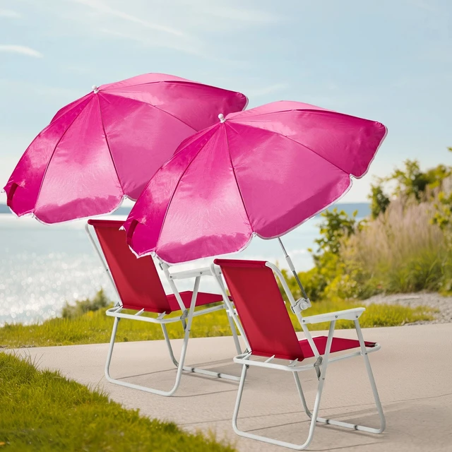 Alt view image 7 of 7 - Portable Folding Pink 1 Piece Outdoor Beach Chair with UV Umbrella 265 LBS