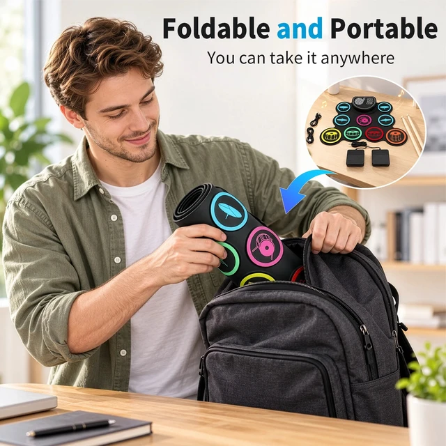 Alt view image 4 of 7 - ortable Electronic Roll Up Drum Kit 9 Silicone Pads Electric Hand Drum Set