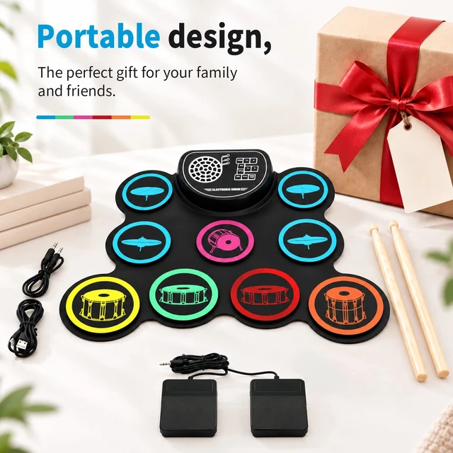 Alt view image 3 of 7 - ortable Electronic Roll Up Drum Kit 9 Silicone Pads Electric Hand Drum Set
