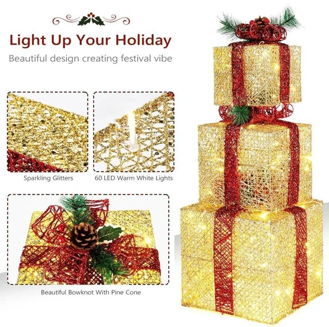 Alt view image 3 of 7 - Set of 3 Christmas Lighted Gift Boxes Pre-lit 60 LED Light Up Present Box Decor