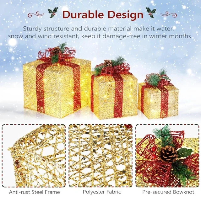 Alt view image 7 of 7 - Set of 3 Christmas Lighted Gift Boxes Pre-lit 60 LED Light Up Present Box Decor