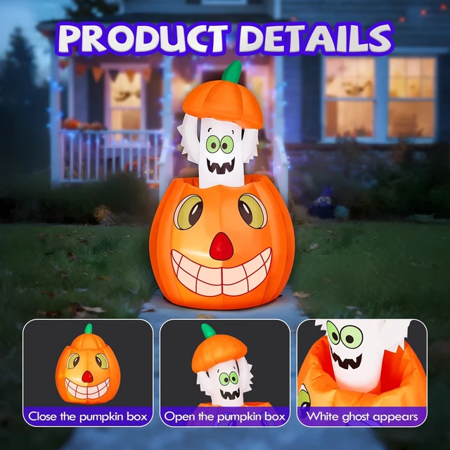 Alt view image 4 of 7 - 2.8 FT Halloween Inflatable Animated LED Pumpkin Ghost Outdoor Holiday Decor