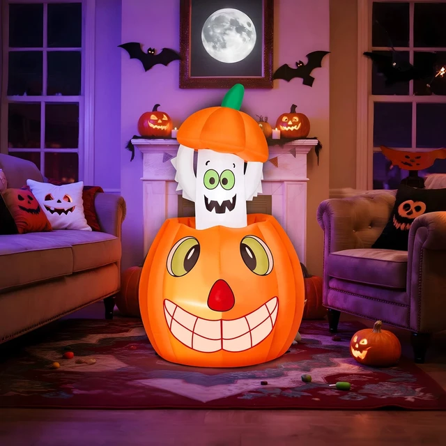 Alt view image 7 of 7 - 2.8 FT Halloween Inflatable Animated LED Pumpkin Ghost Outdoor Holiday Decor