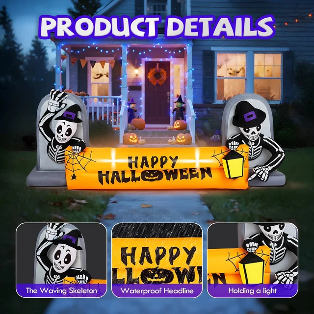 Alt view image 7 of 7 - 9.6FT Outdoor Halloween Inflatable Party Decor Skeleton Tombstone Banner Garden