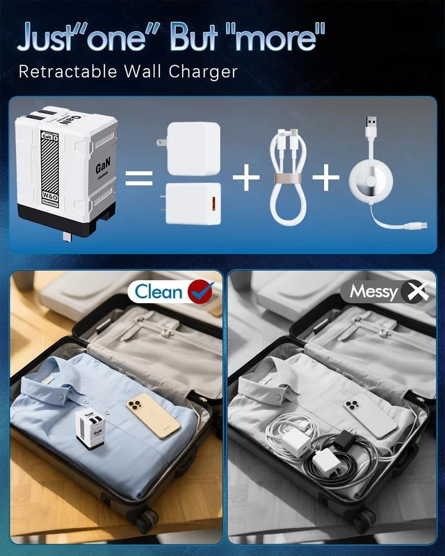 Alt view image 2 of 7 - 120W USB-C Super Fast Wall Charger 2 in 1 Cable Retractable GaN Charger