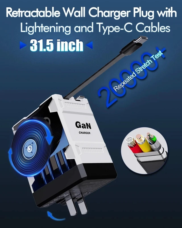 Alt view image 6 of 7 - 120W USB-C Super Fast Wall Charger 2 in 1 Cable Retractable GaN Charger