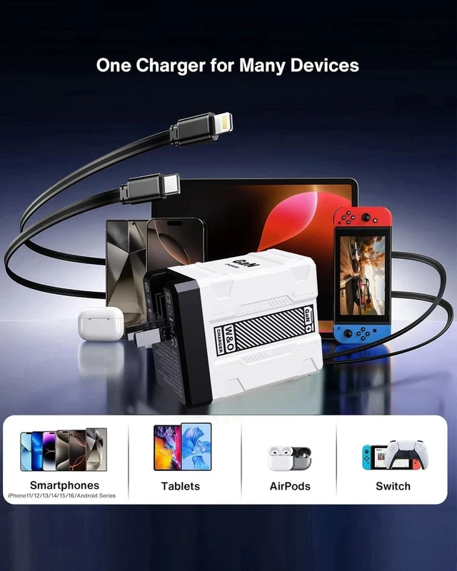 Alt view image 7 of 7 - 120W USB-C Super Fast Wall Charger 2 in 1 Cable Retractable GaN Charger