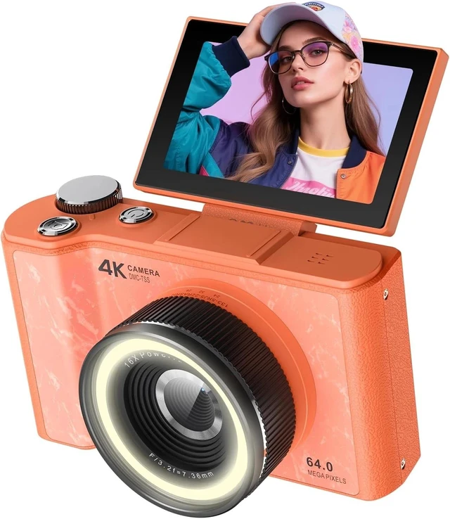 Main image of Digital Camera 4k UHD 64MP 16X Digital Zoom Compact Point & Shoot with 32GB SD Card Orange