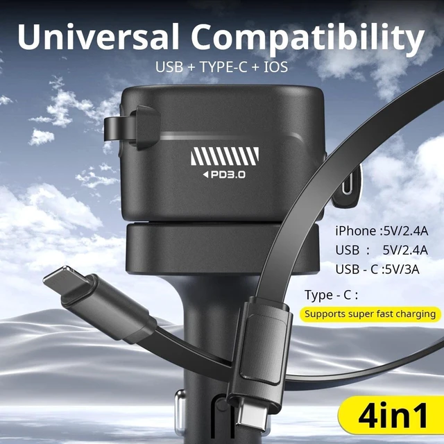 Alt view image 3 of 7 - 120W Retractable Car Charger 4 in 1 Fast Car Phone Charger With USB Type C Cable
