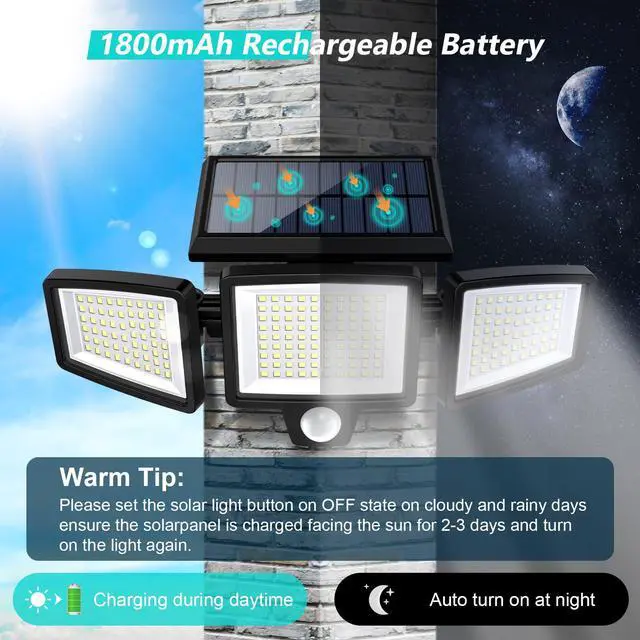 Alt view image 4 of 7 - Solar Outdoor Lights 2500LM 210 LED Security Lights with Remote Control,3 Heads Motion Sensor Lights, IP65 Waterproof,270° Wide Angle Flood Wall Lights with 3 Modes(2 Packs)