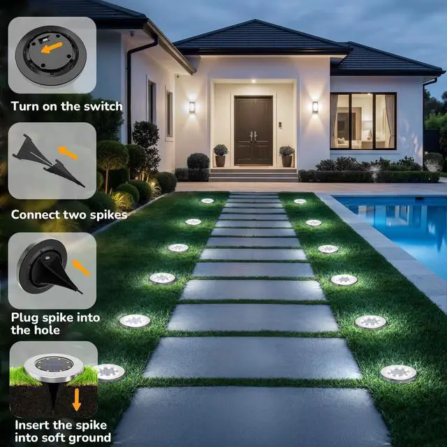Alt view image 2 of 7 - 12 Pack 4.6 Inch Solar Ground Lights Outdoor, Waterproof, Cold White | 8 LEDs, 600mAh Ni-MH battery, 8-10 hr runtime, stainless steel and ABS body, garden lights for pathways, lawns and driveways