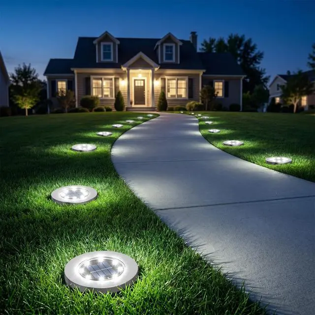 Alt view image 4 of 7 - 12 Pack 4.6 Inch Solar Ground Lights Outdoor, Waterproof, Cold White | 8 LEDs, 600mAh Ni-MH battery, 8-10 hr runtime, stainless steel and ABS body, garden lights for pathways, lawns and driveways