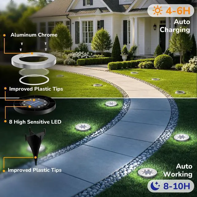 Alt view image 6 of 7 - 12 Pack 4.6 Inch Solar Ground Lights Outdoor, Waterproof, Cold White | 8 LEDs, 600mAh Ni-MH battery, 8-10 hr runtime, stainless steel and ABS body, garden lights for pathways, lawns and driveways