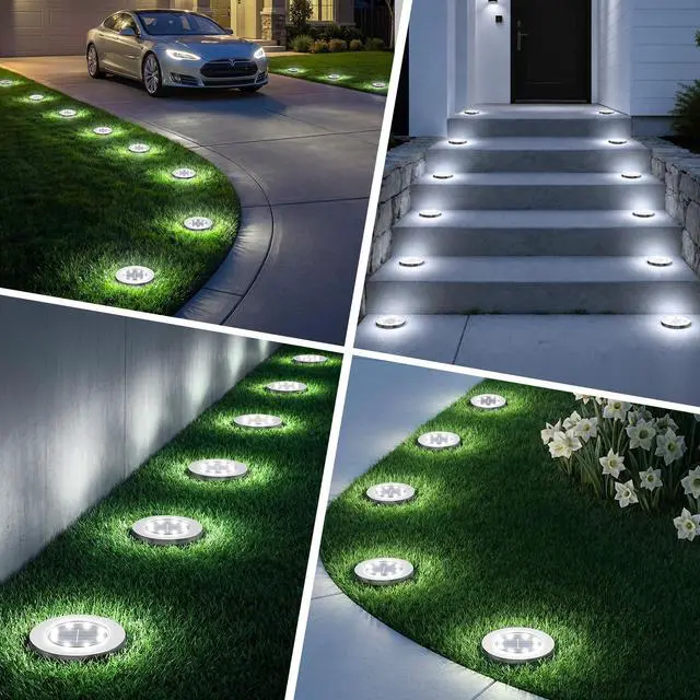 Alt view image 7 of 7 - 12 Pack 4.6 Inch Solar Ground Lights Outdoor, Waterproof, Cold White | 8 LEDs, 600mAh Ni-MH battery, 8-10 hr runtime, stainless steel and ABS body, garden lights for pathways, lawns and driveways