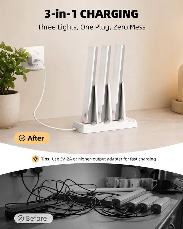 Alt view image 5 of 7 - Under Cabinet Lighting with Charging Station, Motion Sensor Lights | 6-Pack with Remote, 2000mAh Rechargeable Battery, Wireless, Magnetic, Timer, 3 Color Temps, Kitchen, Closet and More