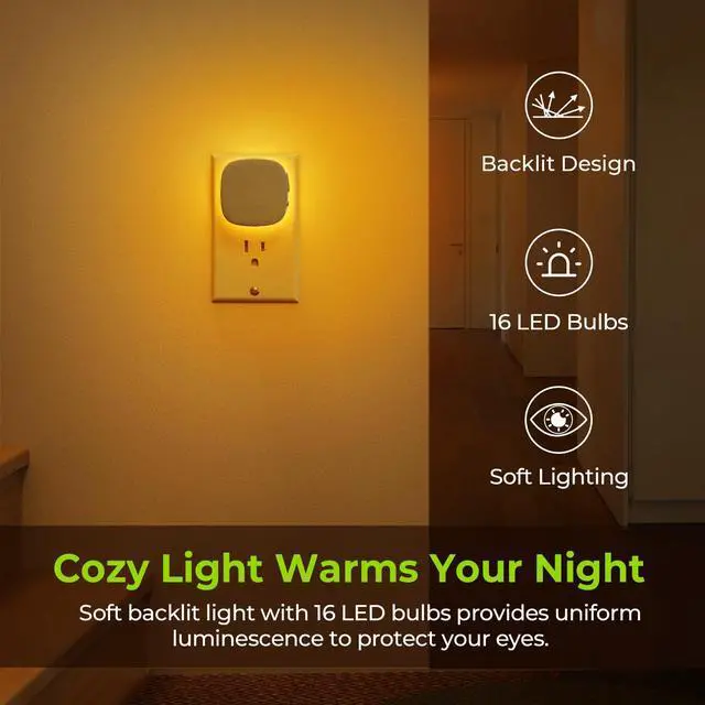 Alt view image 2 of 7 - Plug-in LED Backlit Night Light 4 Packs, Motion & Dusk to Dawn Sensor | 1600K Amber Nightlight with 1-50lm Dimmable Brightness for Bedroom, Bathroom, Hallway, Kitchen, Garage, Nursery