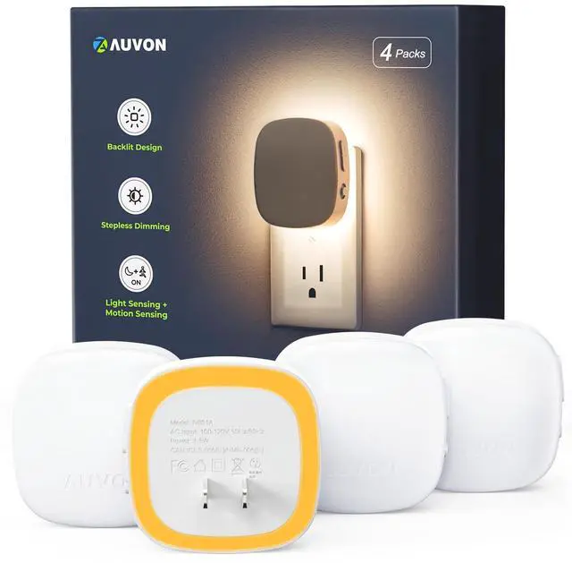 Main image of Plug-in LED Backlit Night Light 4 Packs, Motion & Dusk to Dawn Sensor | 1600K Amber Nightlight with 1-50lm Dimmable Brightness for Bedroom, Bathroom, Hallway, Kitchen, Garage, Nursery