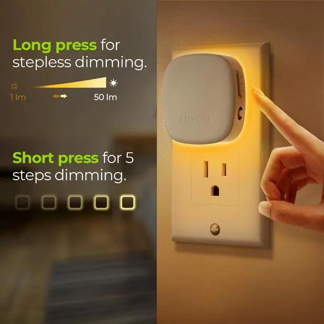 Alt view image 5 of 7 - Plug-in LED Backlit Night Light 4 Packs, Motion & Dusk to Dawn Sensor | 1600K Amber Nightlight with 1-50lm Dimmable Brightness for Bedroom, Bathroom, Hallway, Kitchen, Garage, Nursery