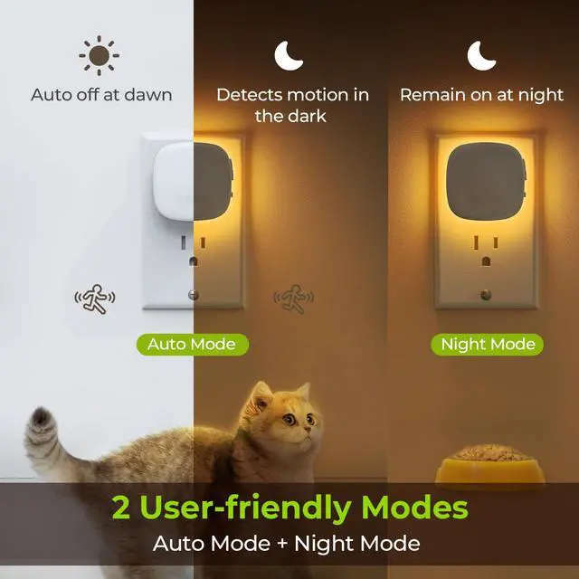 Alt view image 3 of 7 - Plug-in LED Backlit Night Light 4 Packs, Motion & Dusk to Dawn Sensor | 1600K Amber Nightlight with 1-50lm Dimmable Brightness for Bedroom, Bathroom, Hallway, Kitchen, Garage, Nursery