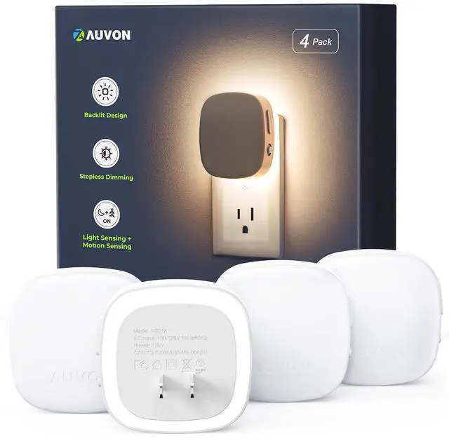 Main image of Plug-in LED Backlit Night Light 4 Packs, Motion & Dusk to Dawn Sensor | 6000K Cool White Nightlight with 1-50lm Dimmable Brightness for Bedroom, Bathroom, Hallway, Kitchen, Garage, Nursery